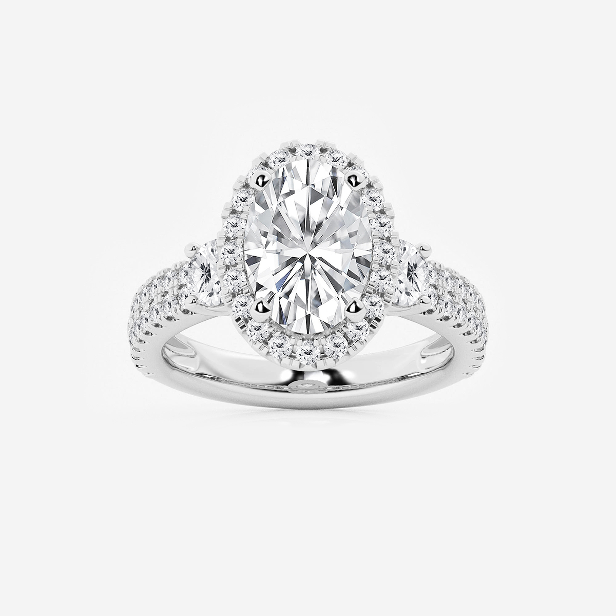 4 ctw Oval Lab Grown Diamond Double Row Side Stones Halo Engagement Ring