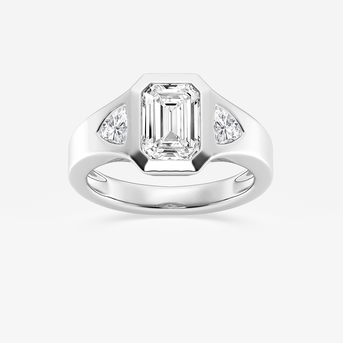 2 5/8 ctw Emerald Lab Grown Diamond Bezel Set With Trillion Three Stone Engagement Ring