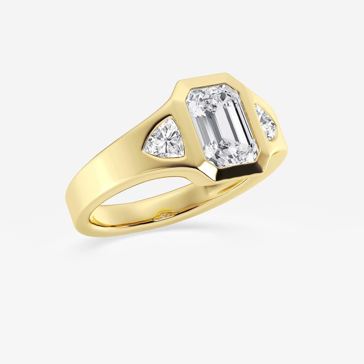 2 5/8 ctw Emerald Lab Grown Diamond Bezel Set With Trillion Three Stone Engagement Ring 14K Yellow Gold, F, VS2