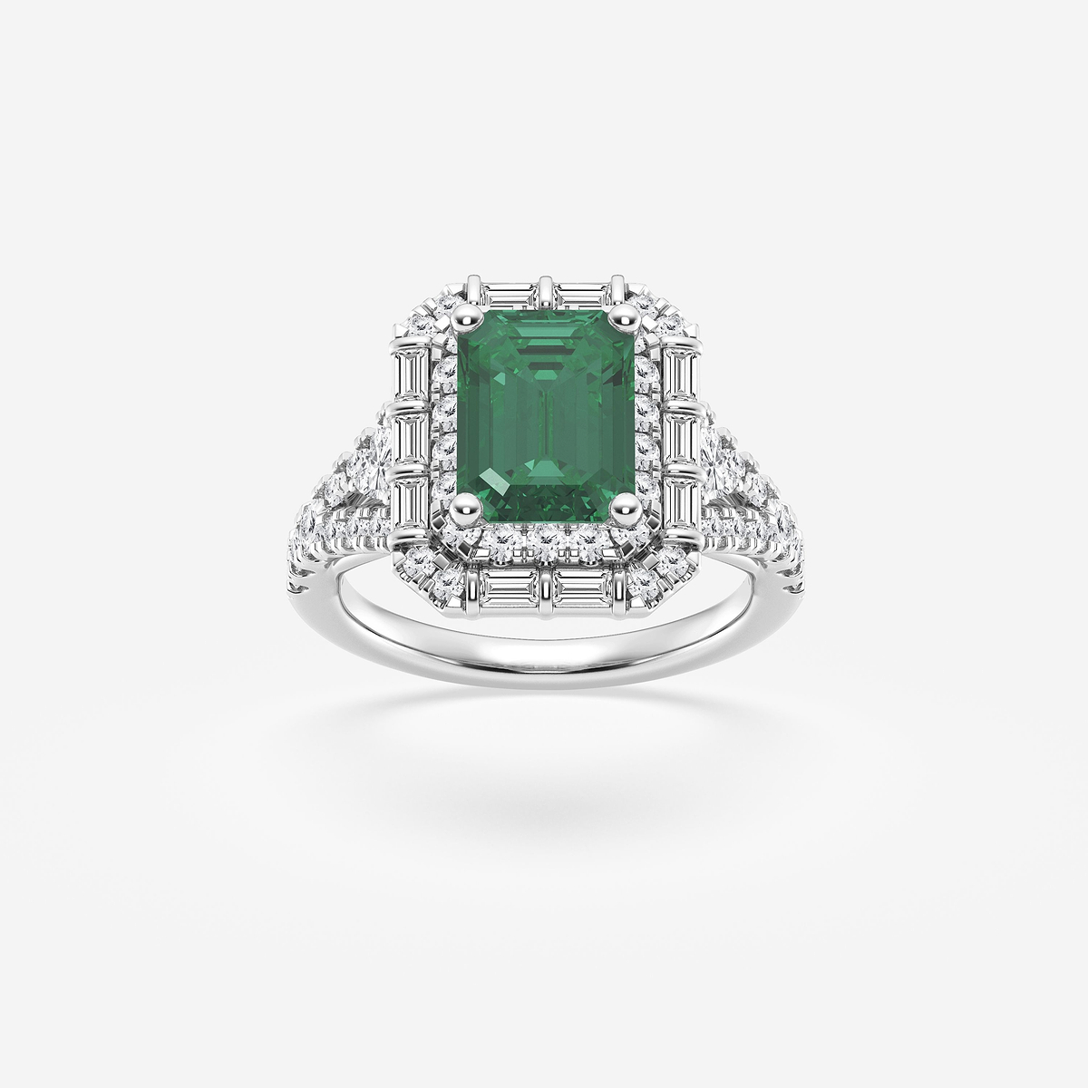 3 ctw Emerald Cut Emerald & Multi-Shape Side Stone Lab Grown Diamond Engagement Ring