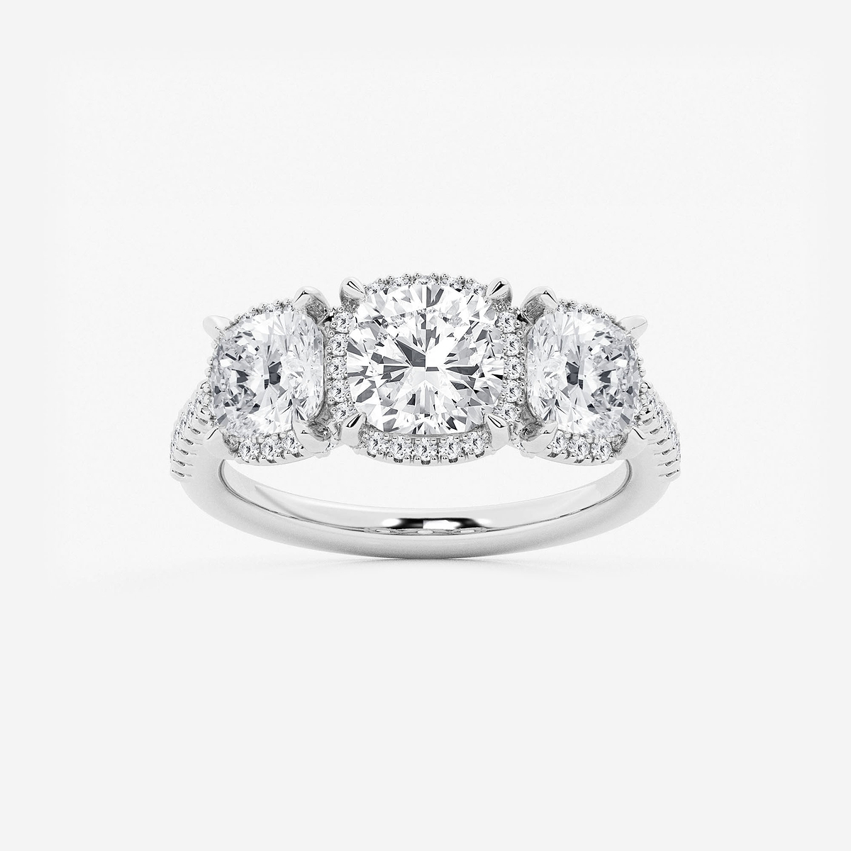 2 7/8 ctw Cushion Lab Grown Diamond Shadow Halo Three Stone Engagement Ring