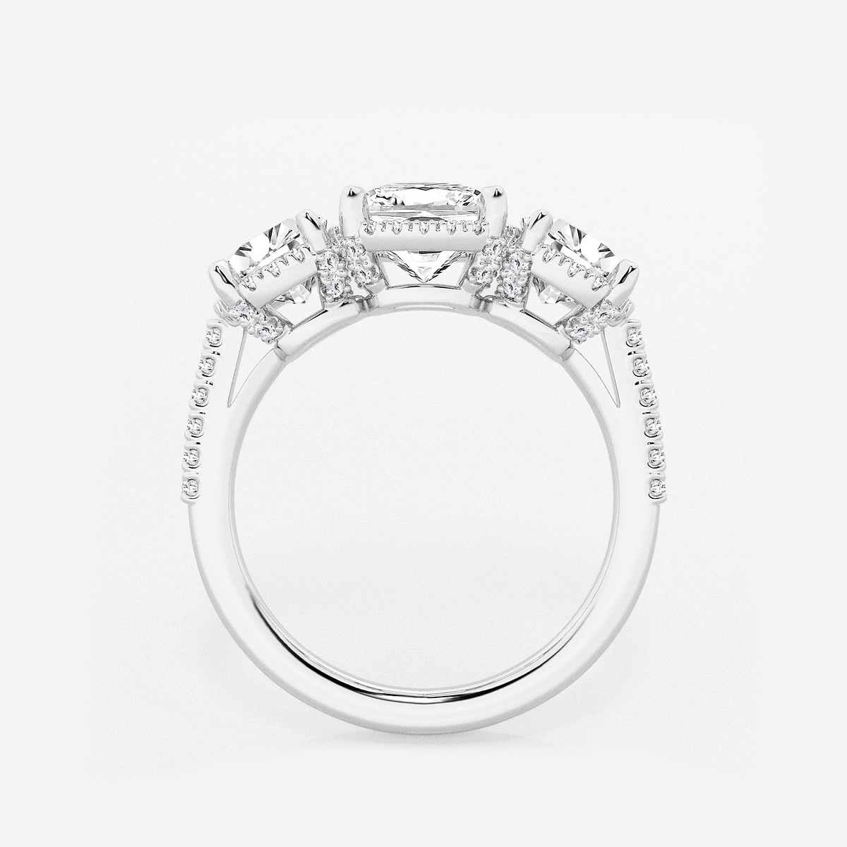 Additional Image 1 for  2 7/8 ctw Cushion Lab Grown Diamond Shadow Halo Three Stone Engagement Ring