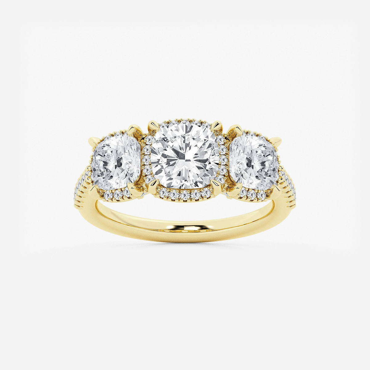 2 7/8 ctw Cushion Lab Grown Diamond Shadow Halo Three Stone Engagement Ring