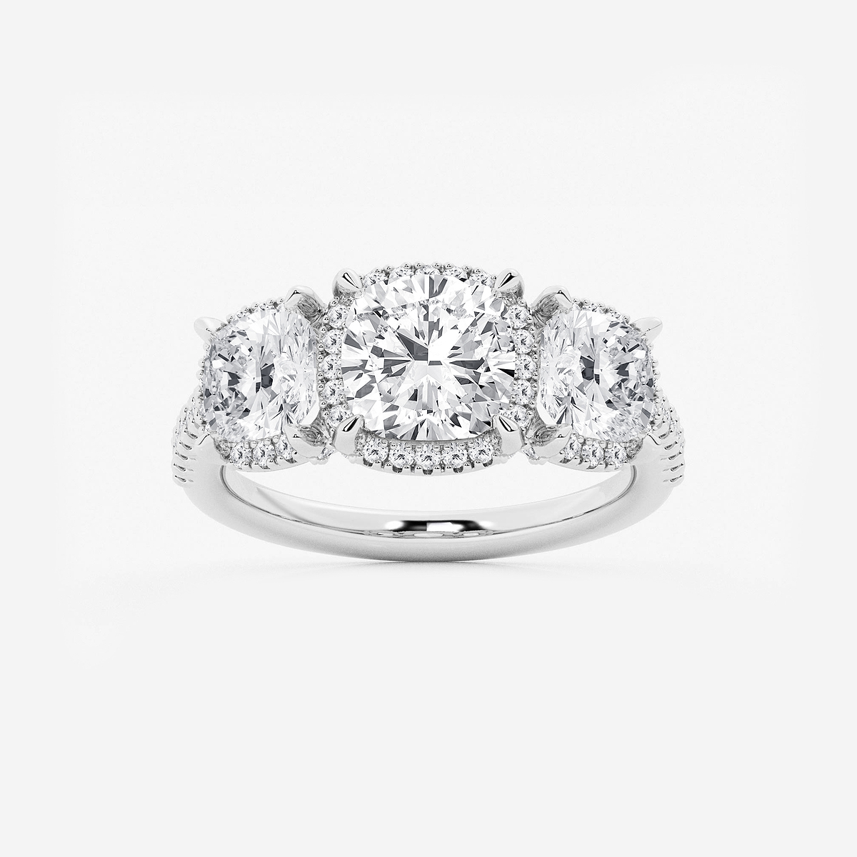 3 7/8 ctw Cushion Lab Grown Diamond Shadow Halo Three Stone Engagement Ring