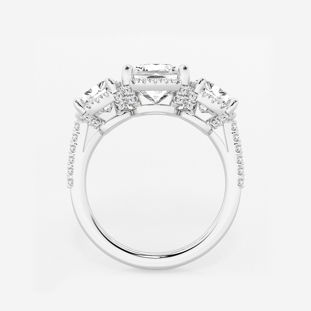Additional Image 1 for  3 7/8 ctw Cushion Lab Grown Diamond Shadow Halo Three Stone Engagement Ring