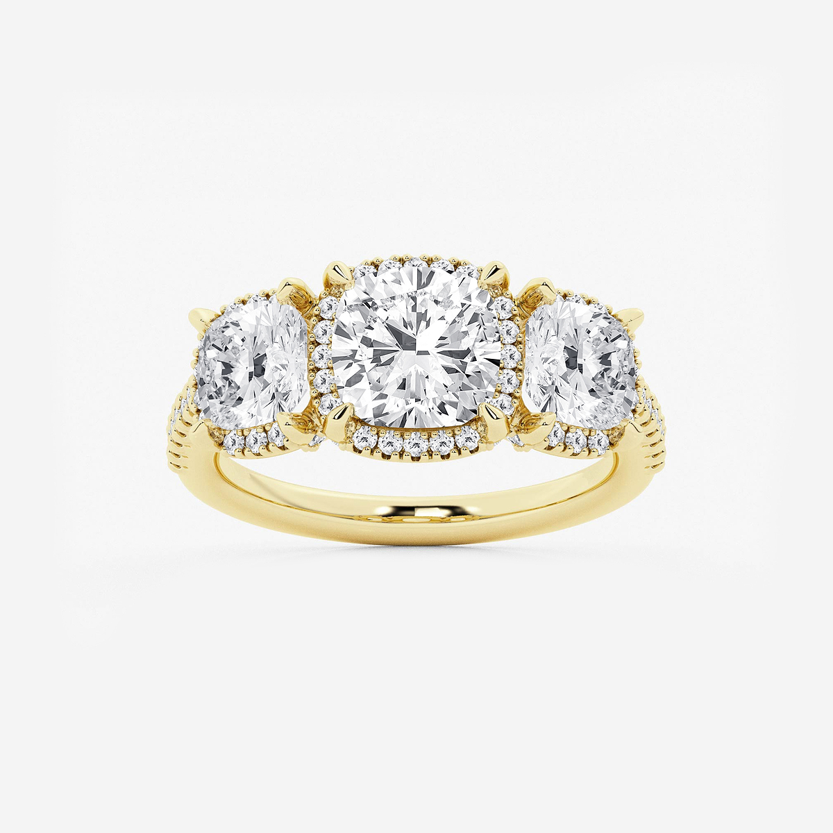 3 7/8 ctw Cushion Lab Grown Diamond Shadow Halo Three Stone Engagement Ring