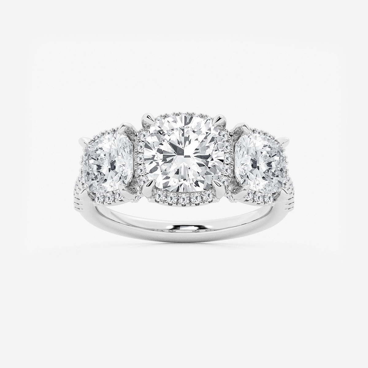 4 1/2 ctw Cushion Lab Grown Diamond Shadow Halo Three Stone Engagement Ring