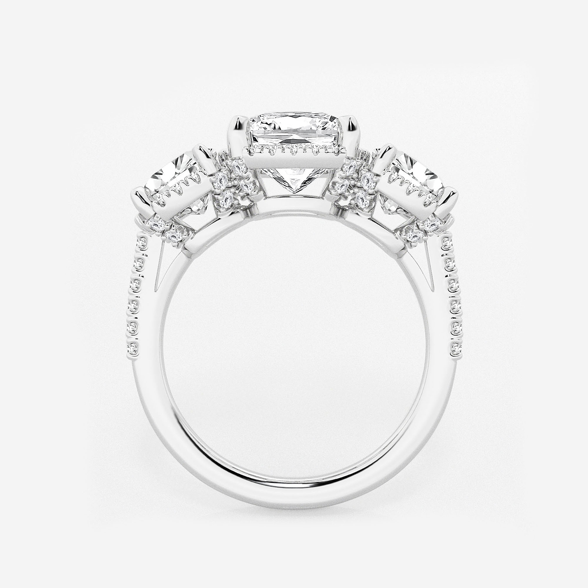 Additional Image 1 for  4 1/2 ctw Cushion Lab Grown Diamond Shadow Halo Three Stone Engagement Ring