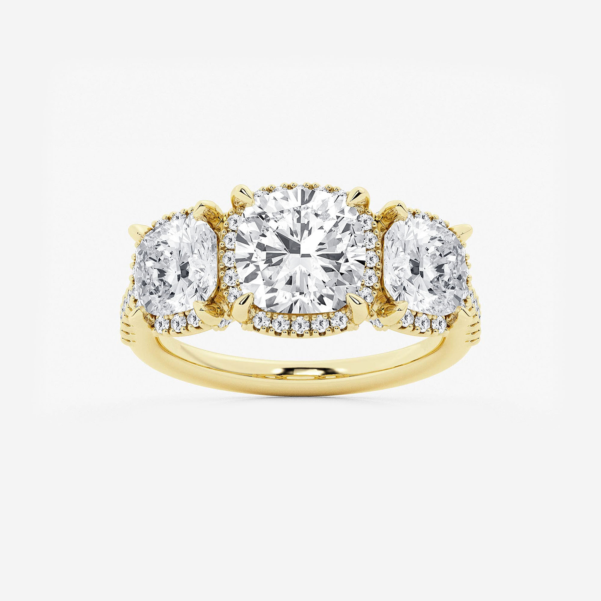 4 1/2 ctw Cushion Lab Grown Diamond Shadow Halo Three Stone Engagement Ring
