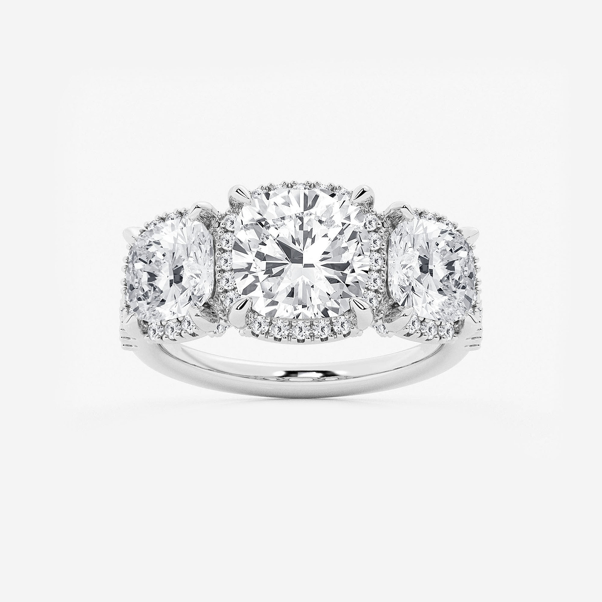 5 1/3 ctw Cushion Lab Grown Diamond Shadow Halo Three Stone Engagement Ring