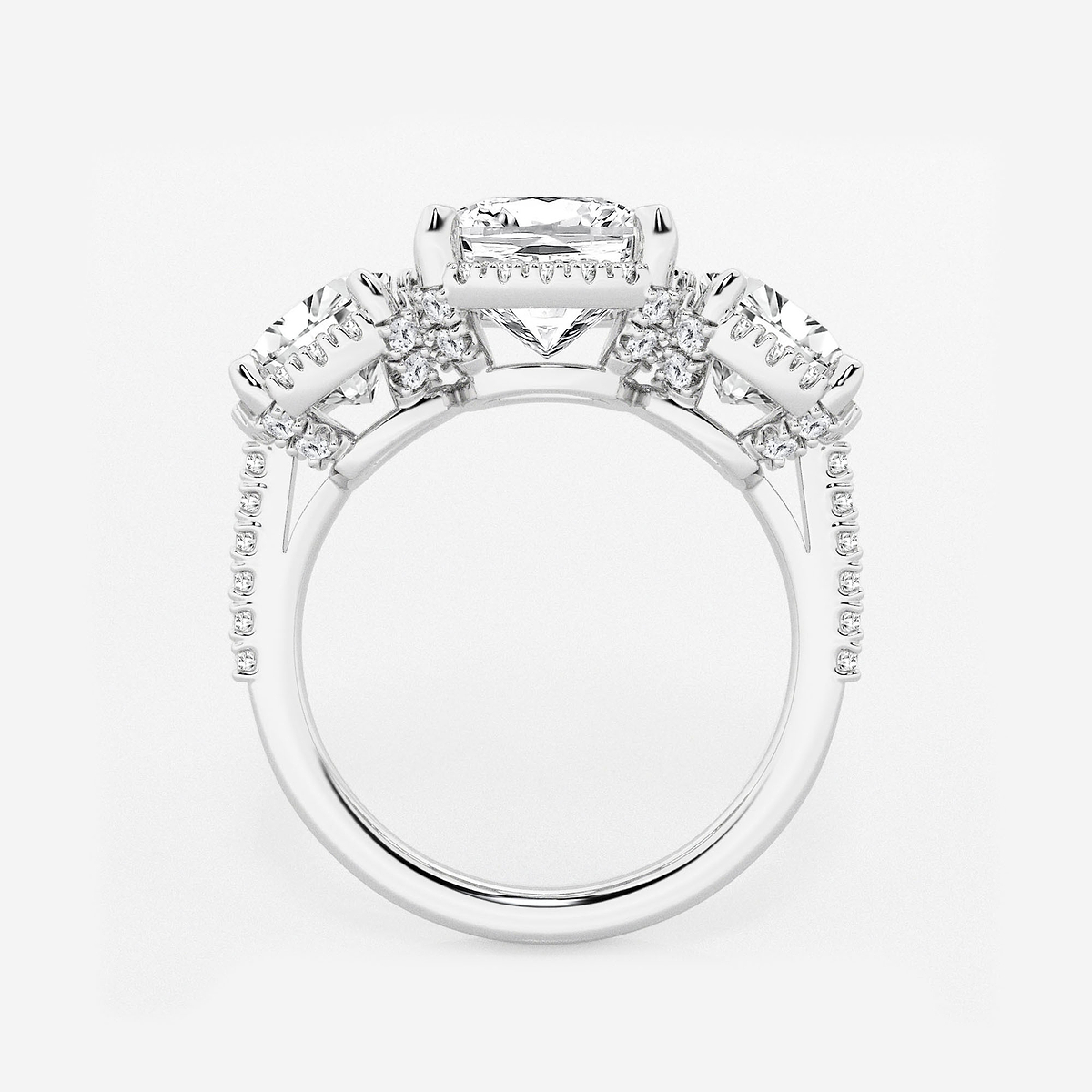 Additional Image 1 for  5 1/3 ctw Cushion Lab Grown Diamond Shadow Halo Three Stone Engagement Ring