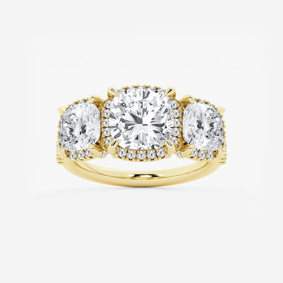 5 1/3 ctw Cushion Lab Grown Diamond Shadow Halo Three Stone Engagement Ring
