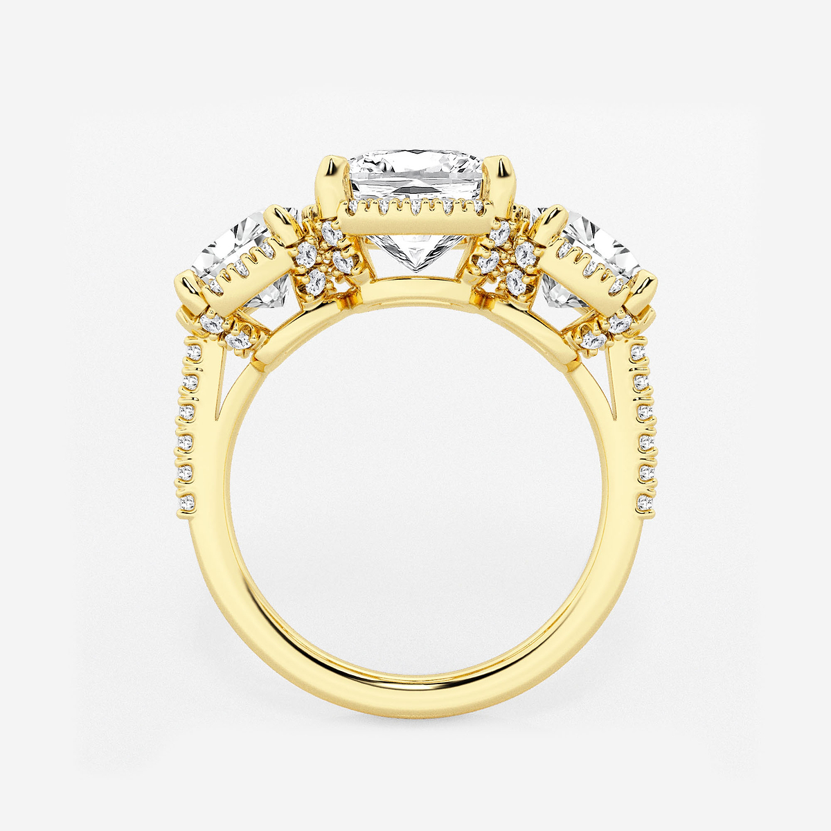 Additional Image 1 for  5 1/3 ctw Cushion Lab Grown Diamond Shadow Halo Three Stone Engagement Ring