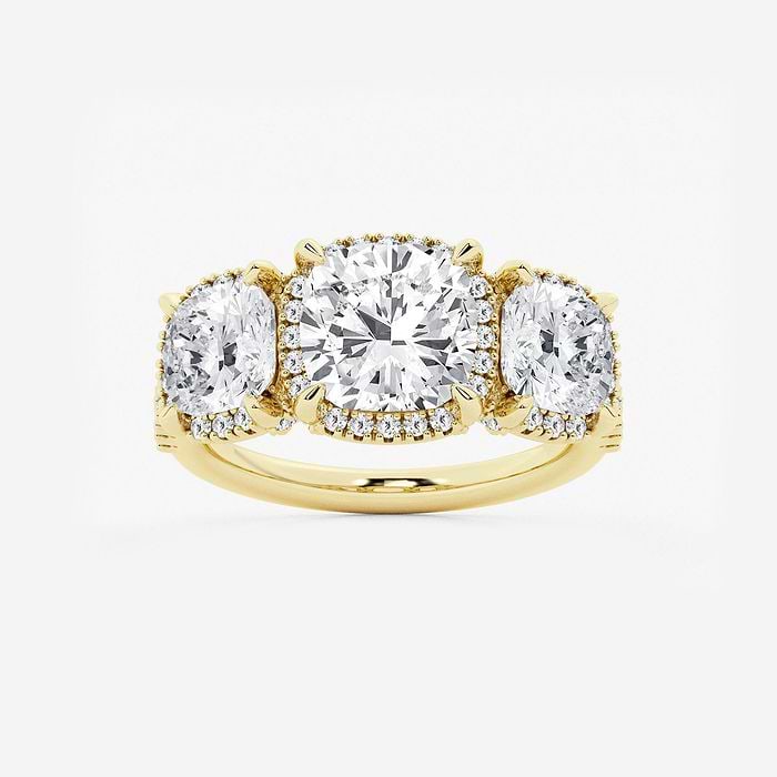 Shadow Halo Cushion Three Stone Engagement Ring