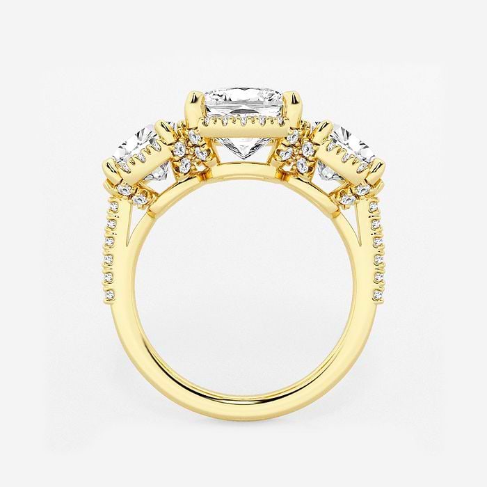 Shadow Halo Cushion Three Stone Engagement Ring