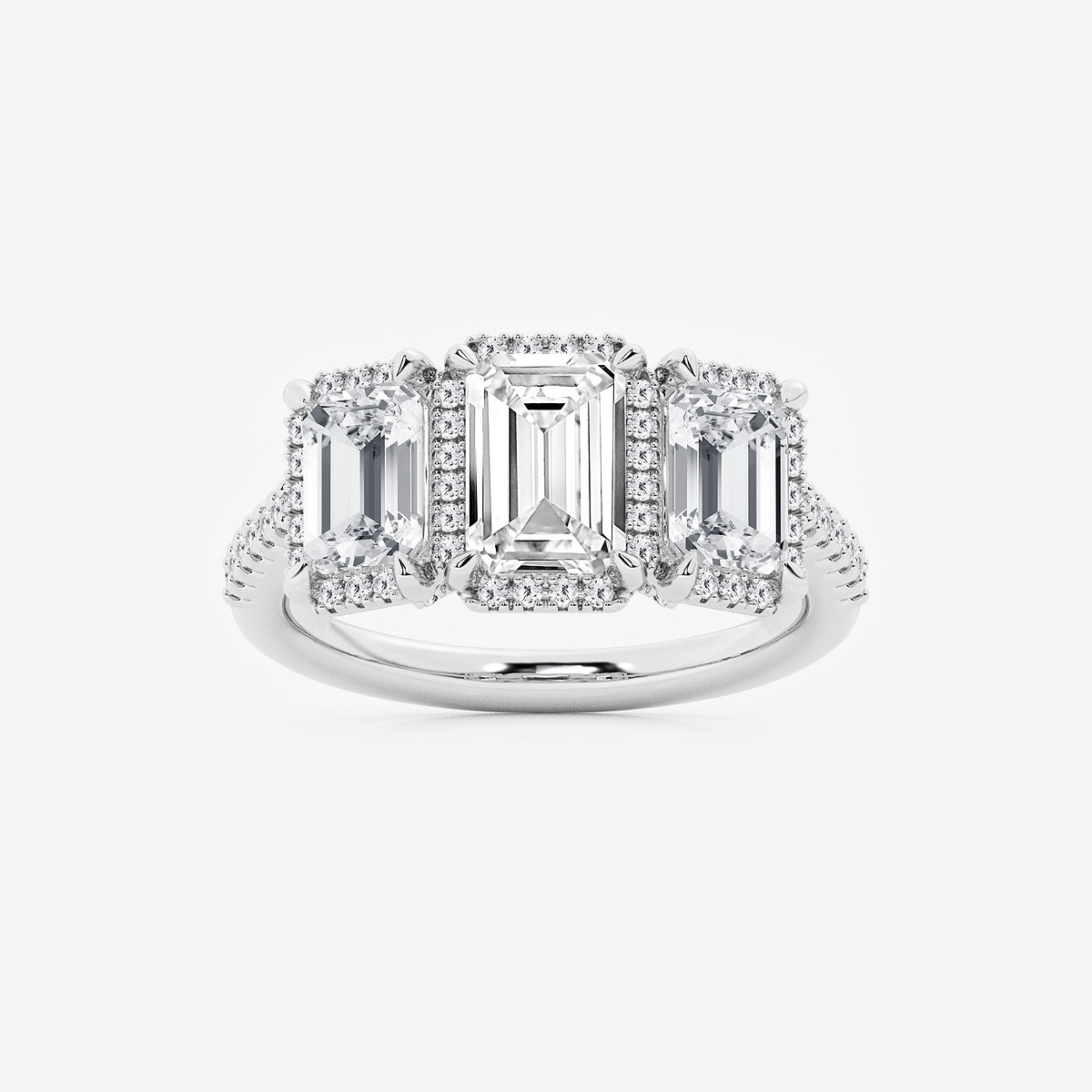 2 7/8 ctw Emerald Lab Grown Diamond Shadow Halo Three Stone Engagement Ring