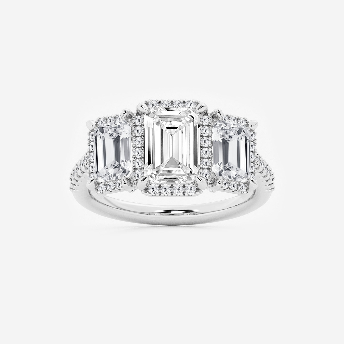 3 7/8 ctw Emerald Lab Grown Diamond Shadow Halo Three Stone Engagement Ring