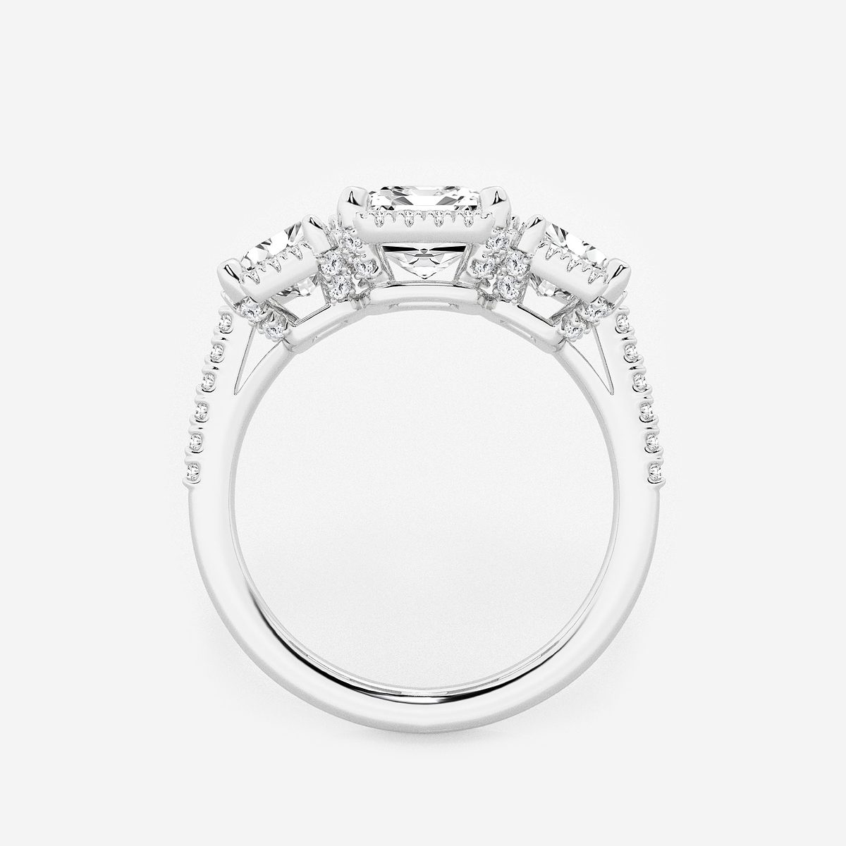 Additional Image 1 for  3 7/8 ctw Emerald Lab Grown Diamond Shadow Halo Three Stone Engagement Ring