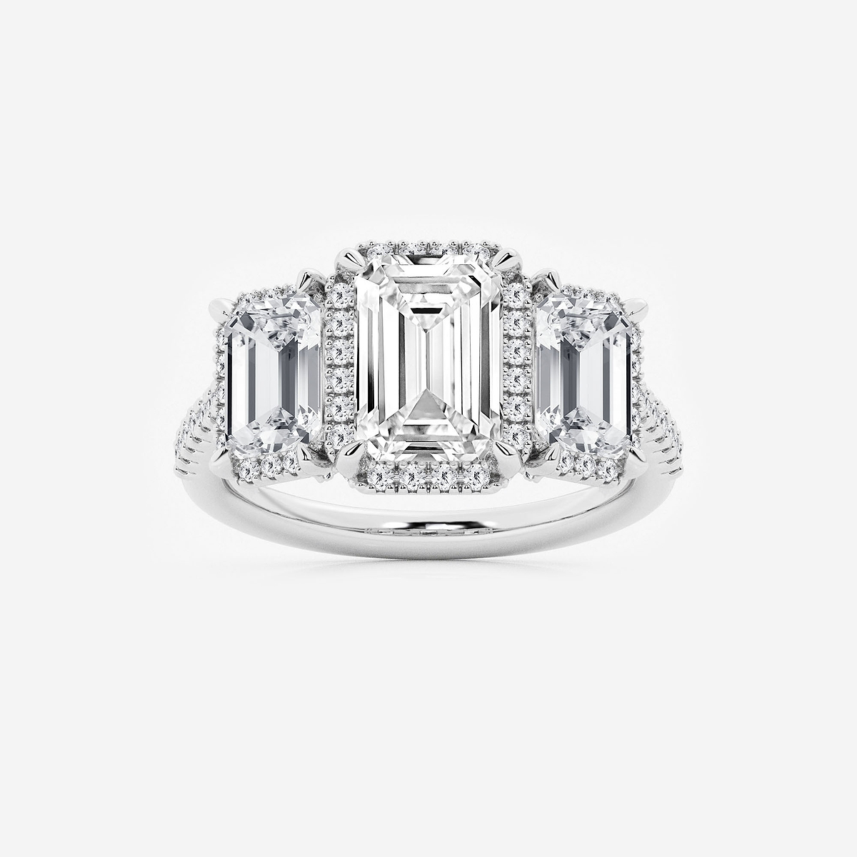 4 1/2 ctw Emerald Lab Grown Diamond Shadow Halo Three Stone Engagement Ring