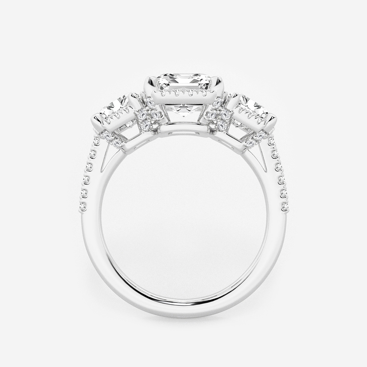 Additional Image 1 for  4 1/2 ctw Emerald Lab Grown Diamond Shadow Halo Three Stone Engagement Ring