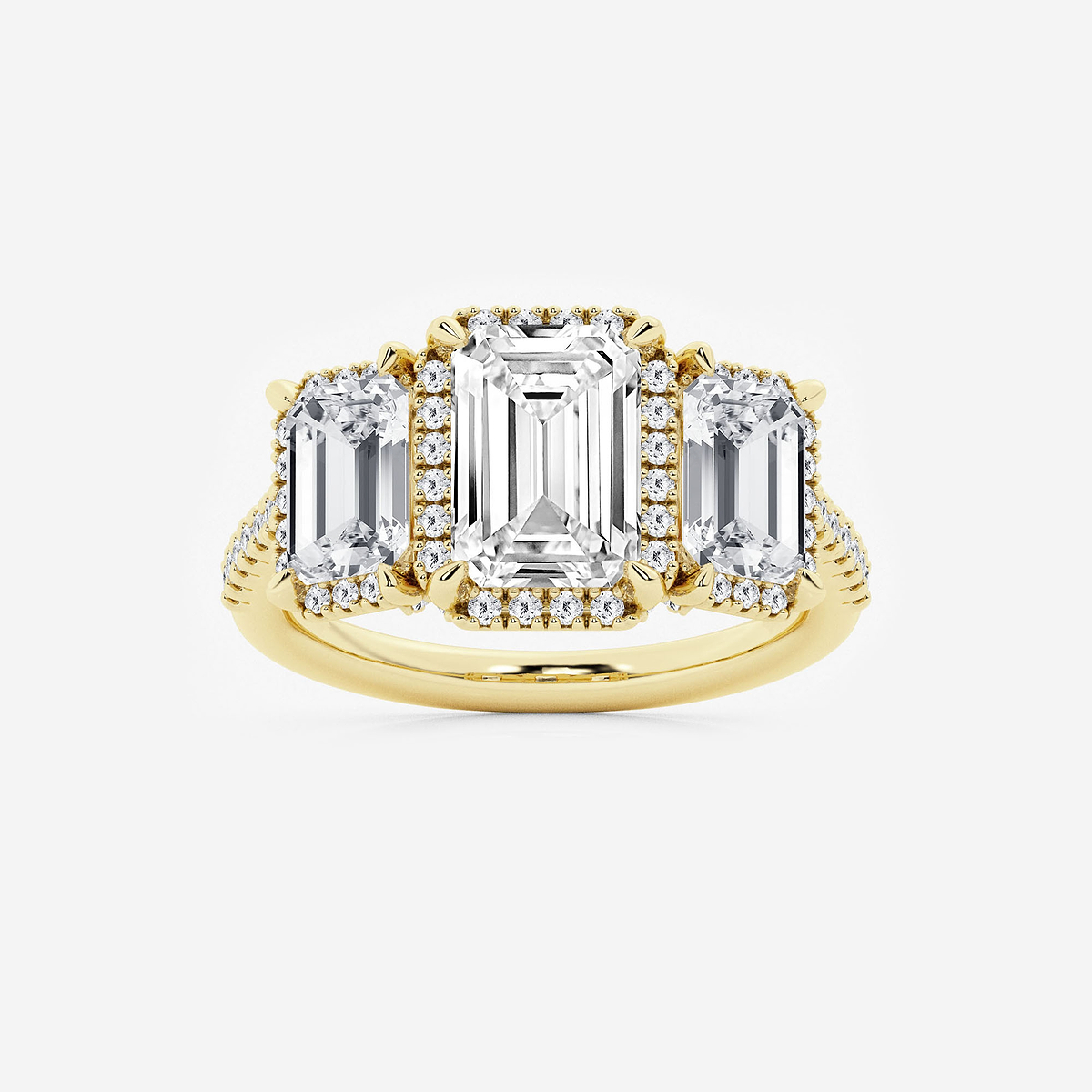 4 1/2 ctw Emerald Lab Grown Diamond Shadow Halo Three Stone Engagement Ring