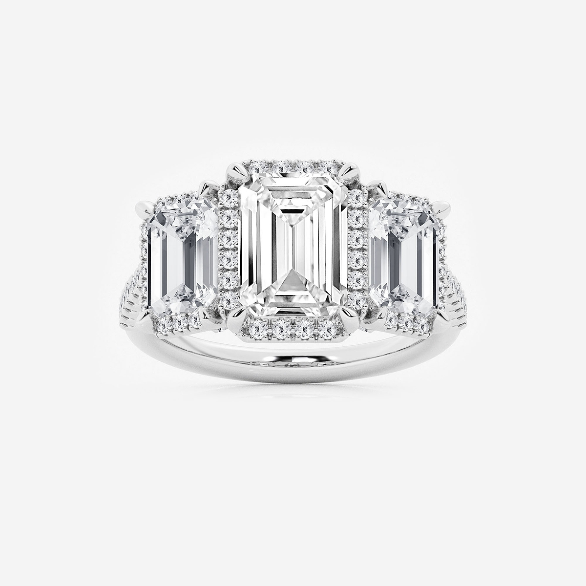 5 1/3 ctw Emerald Lab Grown Diamond Shadow Halo Three Stone Engagement Ring