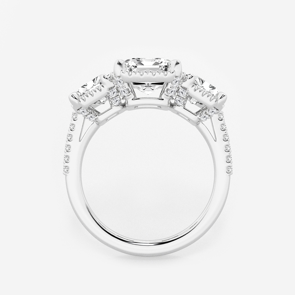 Additional Image 1 for  5 1/3 ctw Emerald Lab Grown Diamond Shadow Halo Three Stone Engagement Ring