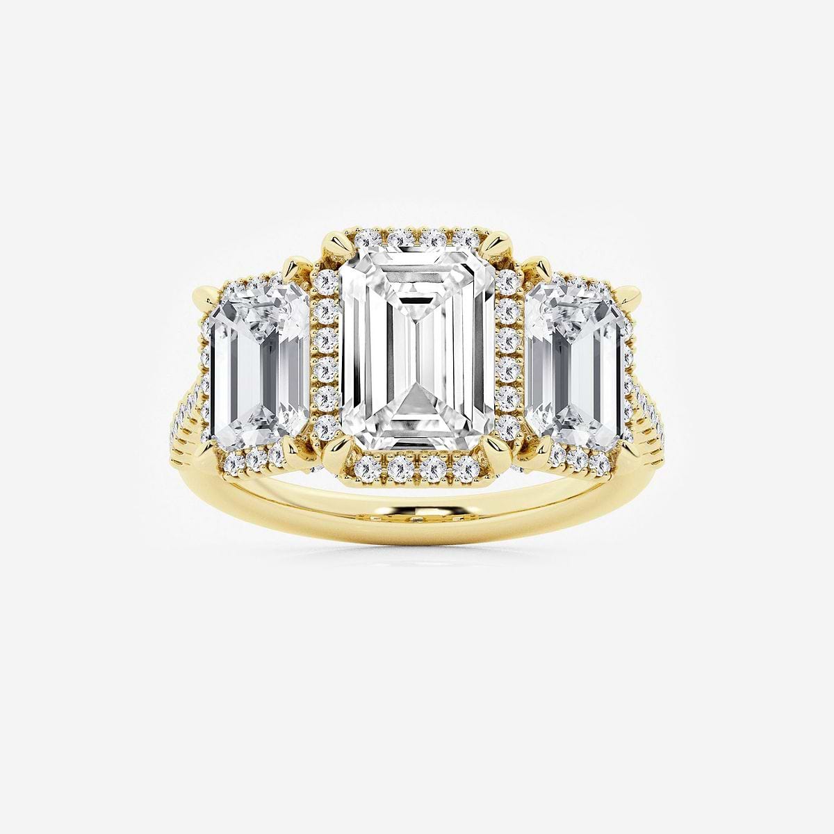 5 1/3 ctw Emerald Lab Grown Diamond Shadow Halo Three Stone Engagement Ring