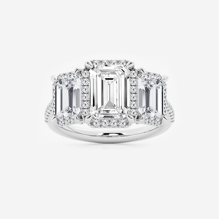 Hera - 5 1/3 ctw Emerald Lab Grown Diamond Shadow Halo Three Stone Engagement Ring