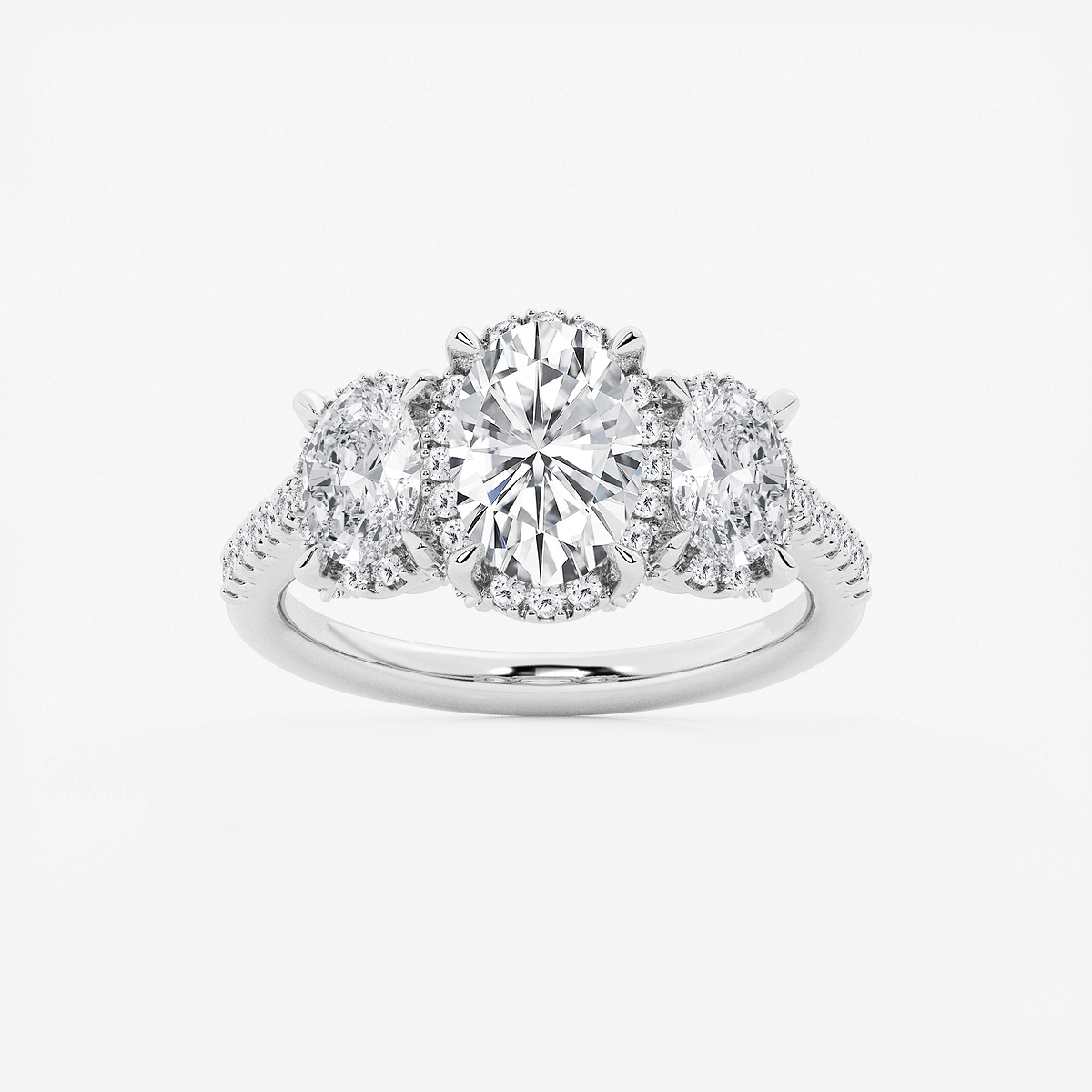 2 7/8 ctw Oval Lab Grown Diamond Shadow Halo Three Stone Engagement Ring