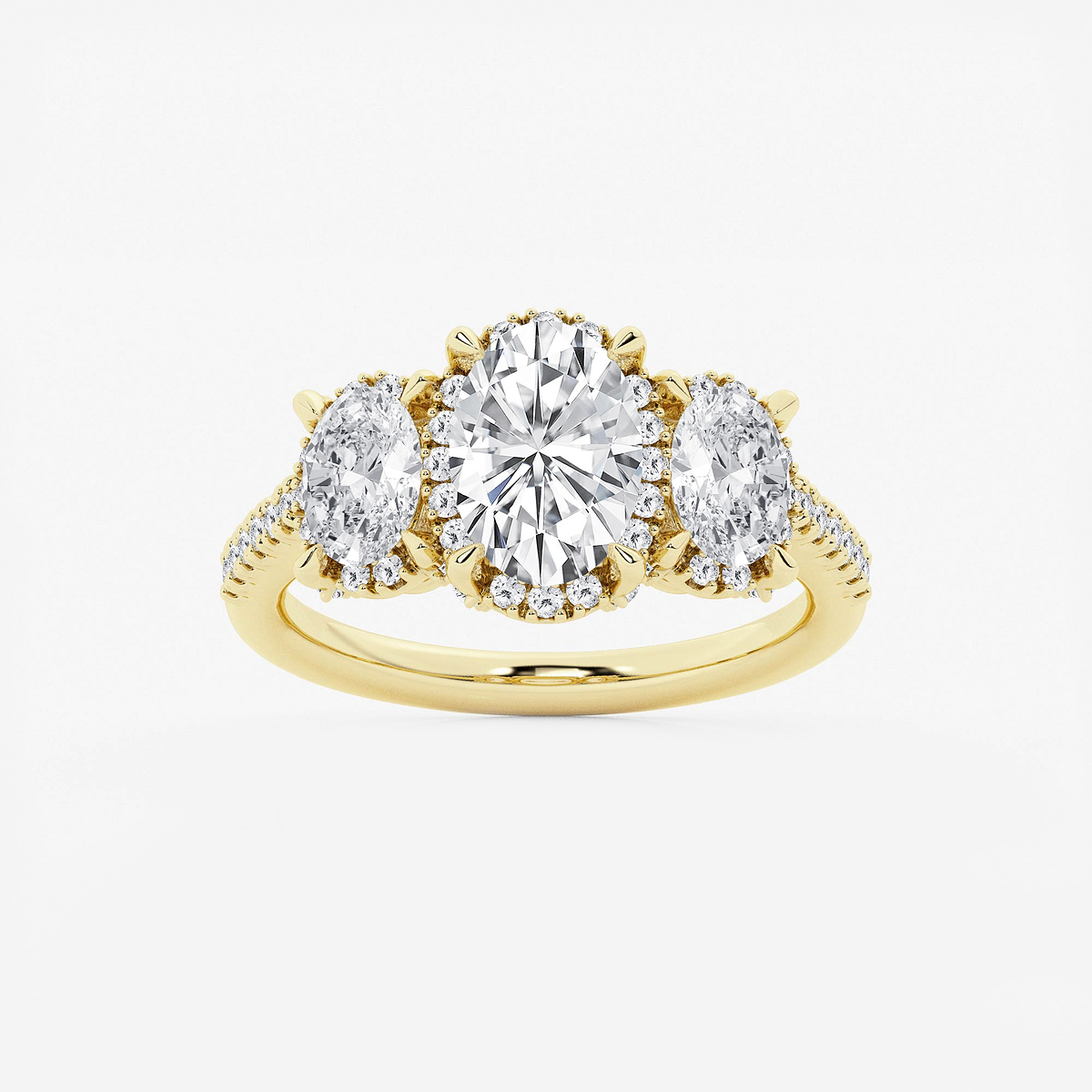 2 7/8 ctw Oval Lab Grown Diamond Shadow Halo Three Stone Engagement Ring