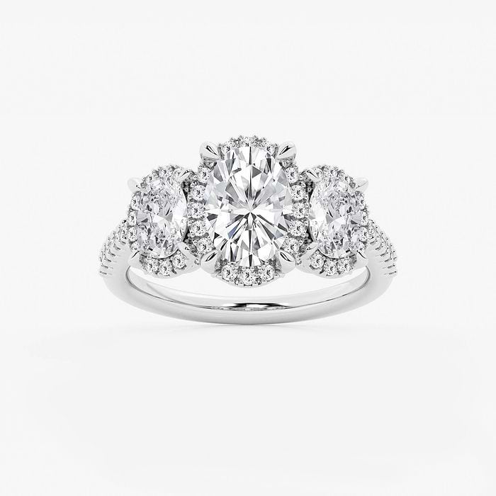 2 7/8 ctw Oval Lab Grown Diamond Shadow Halo Three Stone Engagement Ring