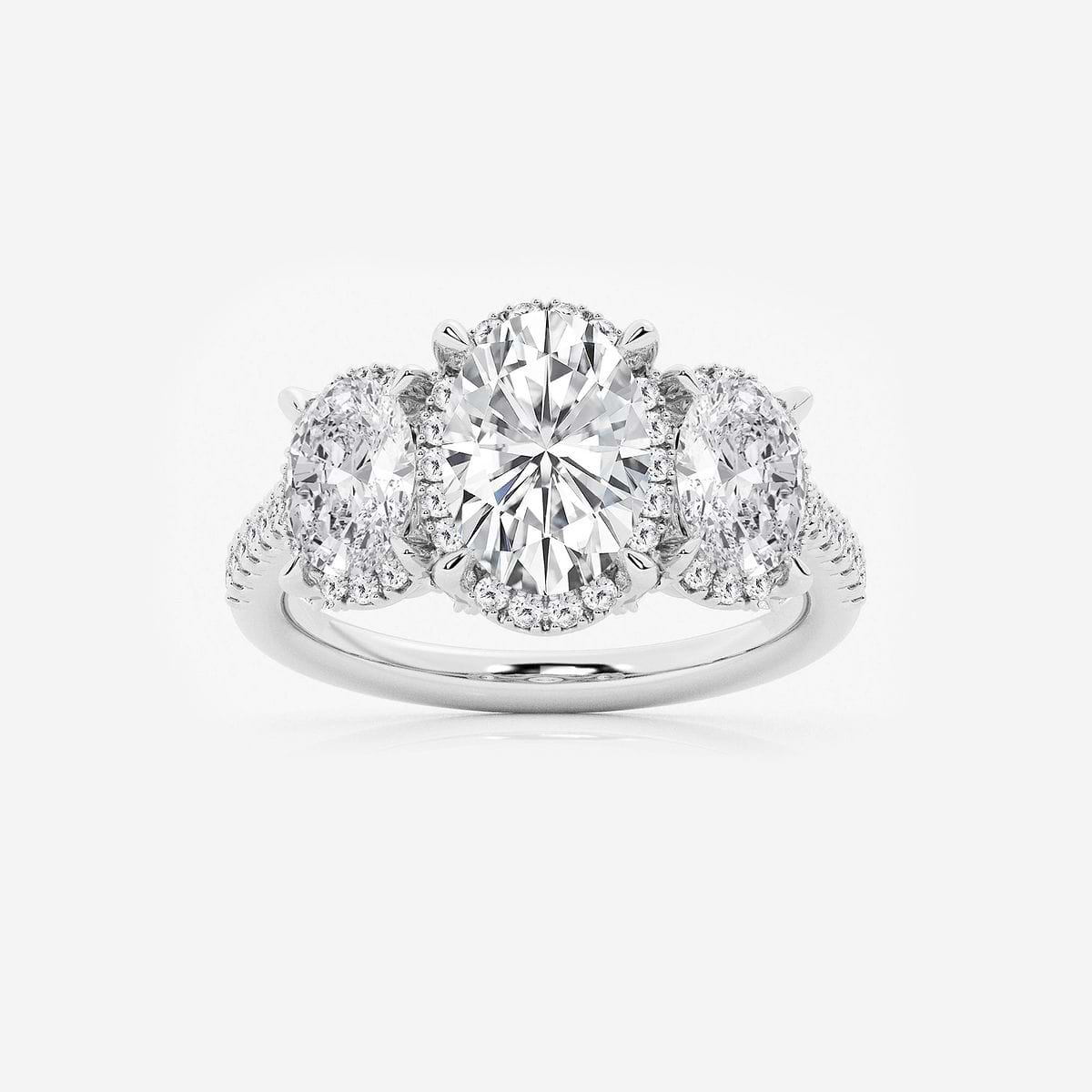 3 7/8 ctw Oval Lab Grown Diamond Shadow Halo Three Stone Engagement Ring