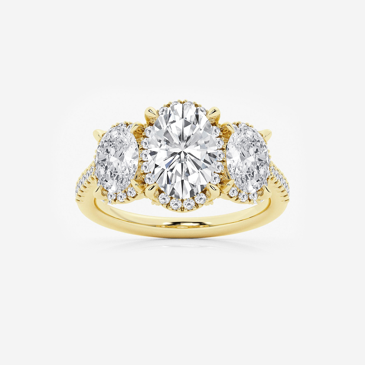 3 7/8 ctw Oval Lab Grown Diamond Shadow Halo Three Stone Engagement Ring