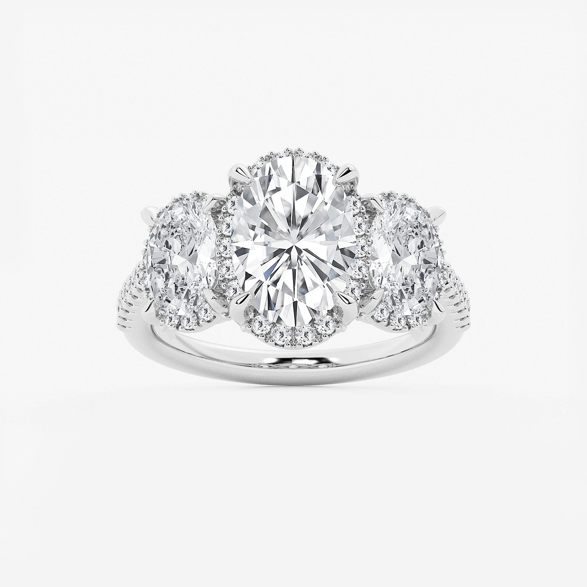4 1/2 ctw Oval Lab Grown Diamond Shadow Halo Three Stone Engagement Ring