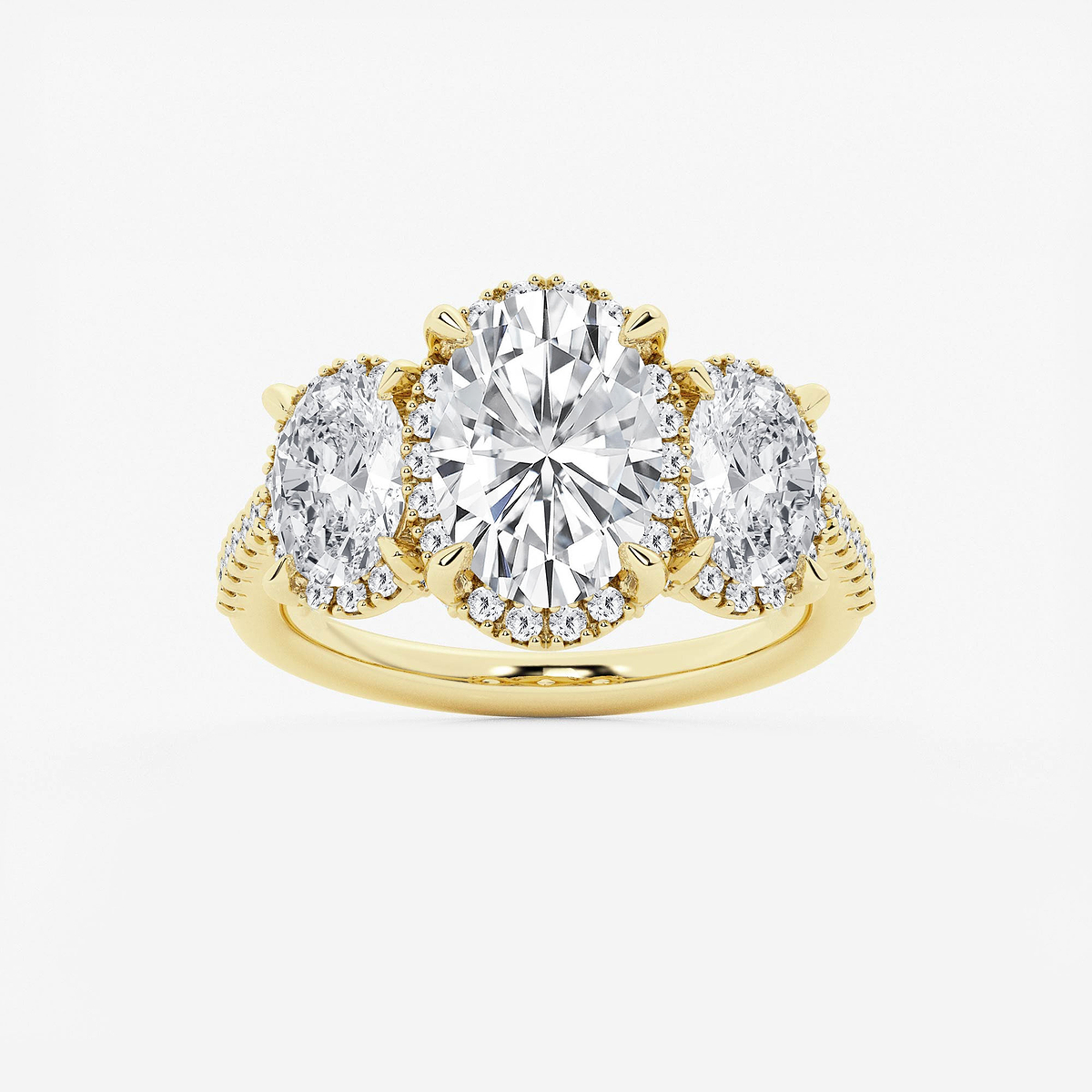 4 1/2 ctw Oval Lab Grown Diamond Shadow Halo Three Stone Engagement Ring