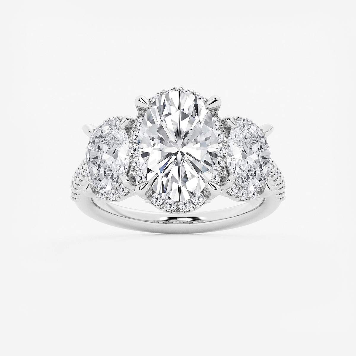 5 1/3 ctw Oval Lab Grown Diamond Shadow Halo Three Stone Engagement Ring