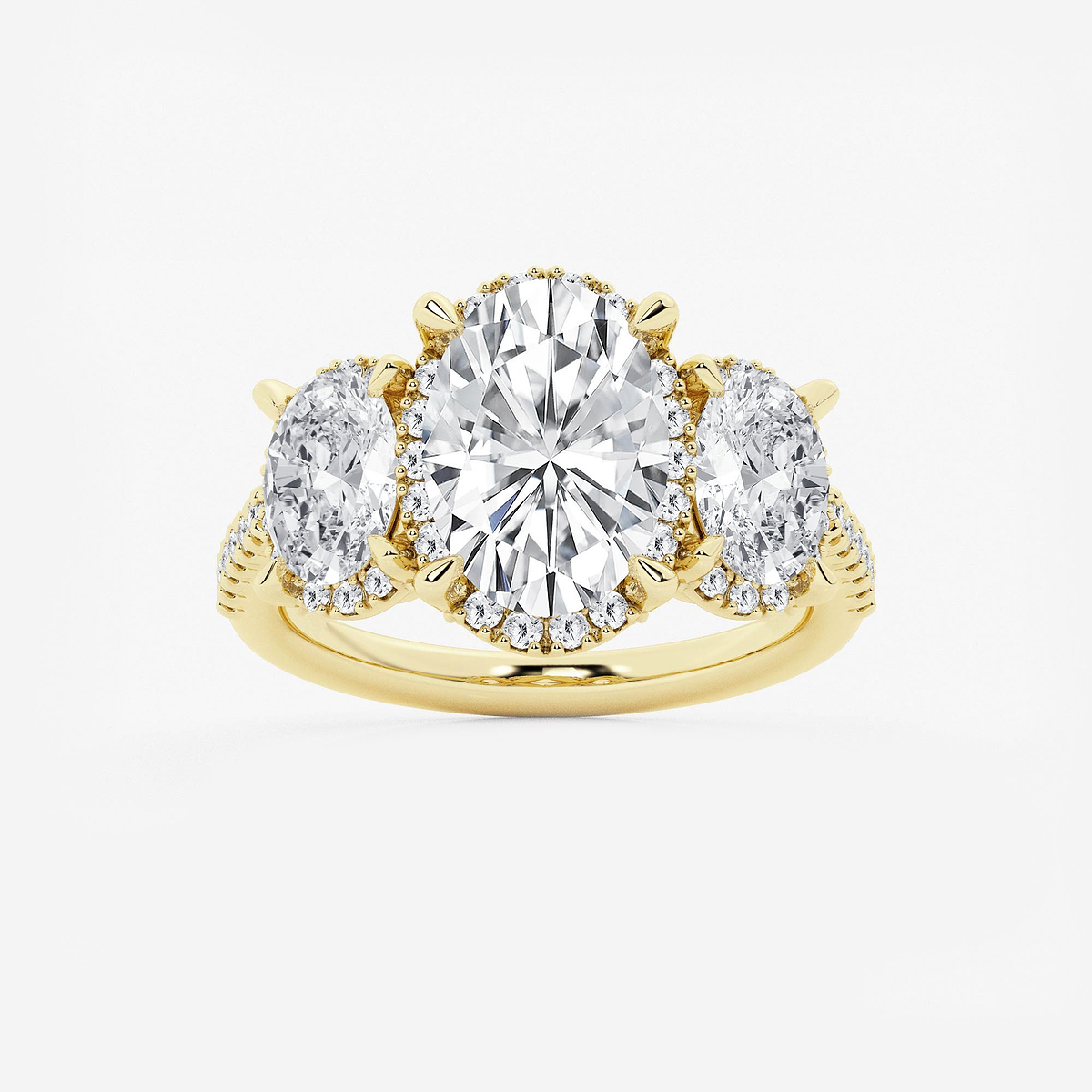 5 1/3 ctw Oval Lab Grown Diamond Shadow Halo Three Stone Engagement Ring