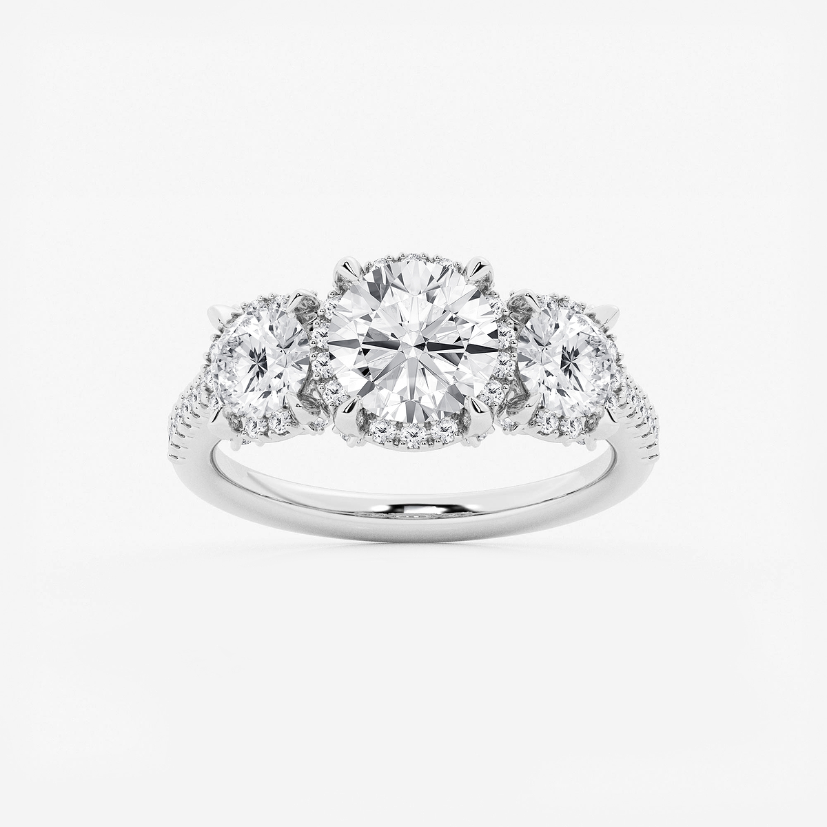 2 7/8 ctw Round Lab Grown Diamond Shadow Halo Three Stone Engagement Ring