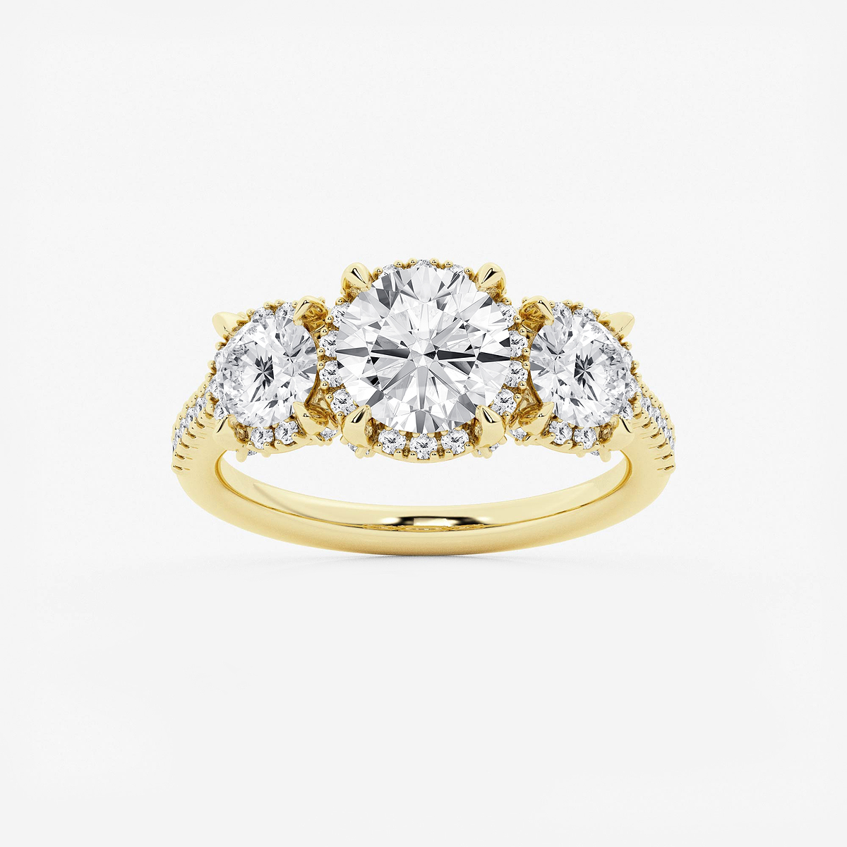2 7/8 ctw Round Lab Grown Diamond Shadow Halo Three Stone Engagement Ring