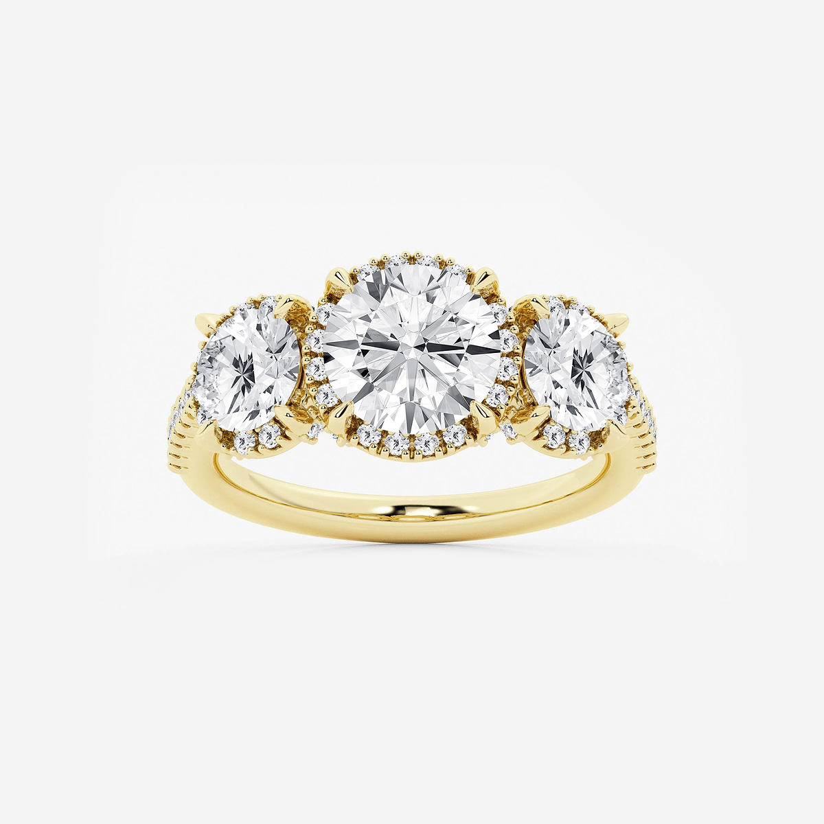 3 7/8 ctw Round Lab Grown Diamond Shadow Halo Three Stone Engagement Ring