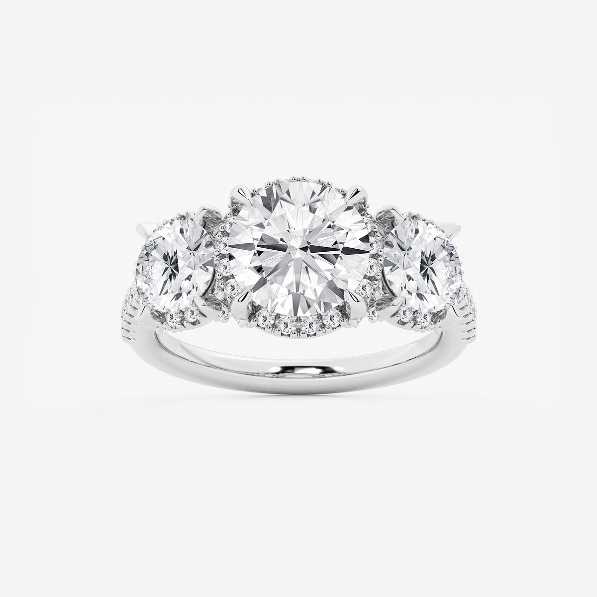 4 1/2 ctw Round Lab Grown Diamond Shadow Halo Three Stone Engagement Ring