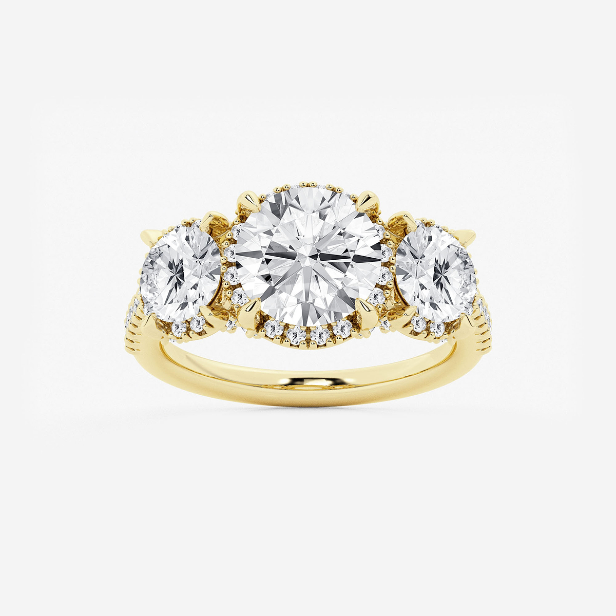 4 1/2 ctw Round Lab Grown Diamond Shadow Halo Three Stone Engagement Ring