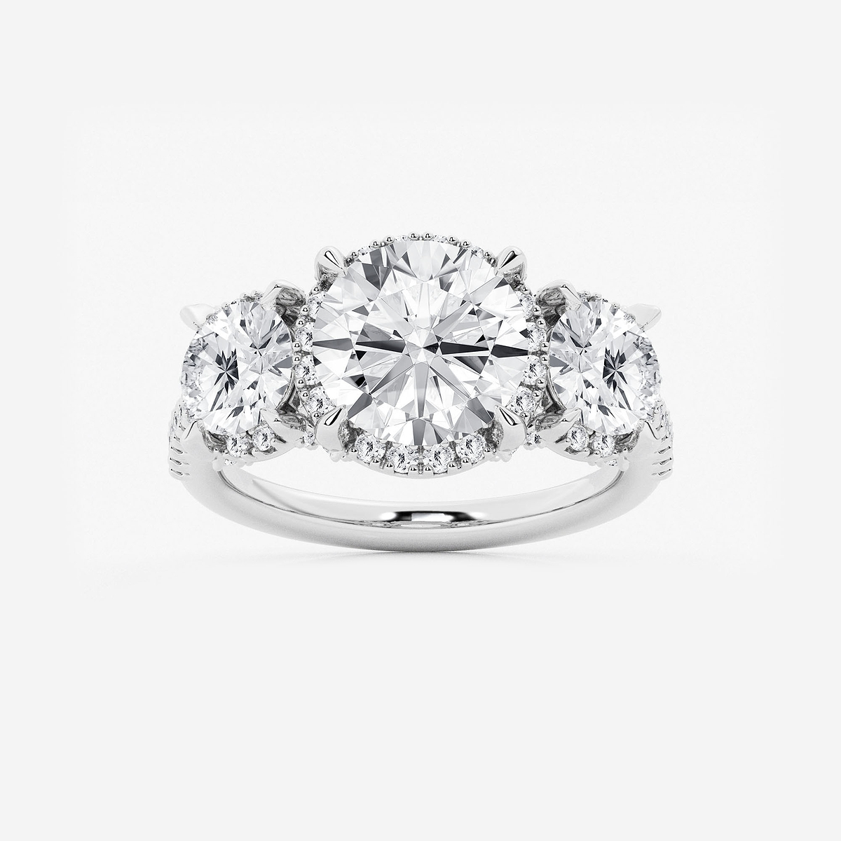 5 1/3 ctw Round Lab Grown Diamond Shadow Halo Three Stone Engagement Ring