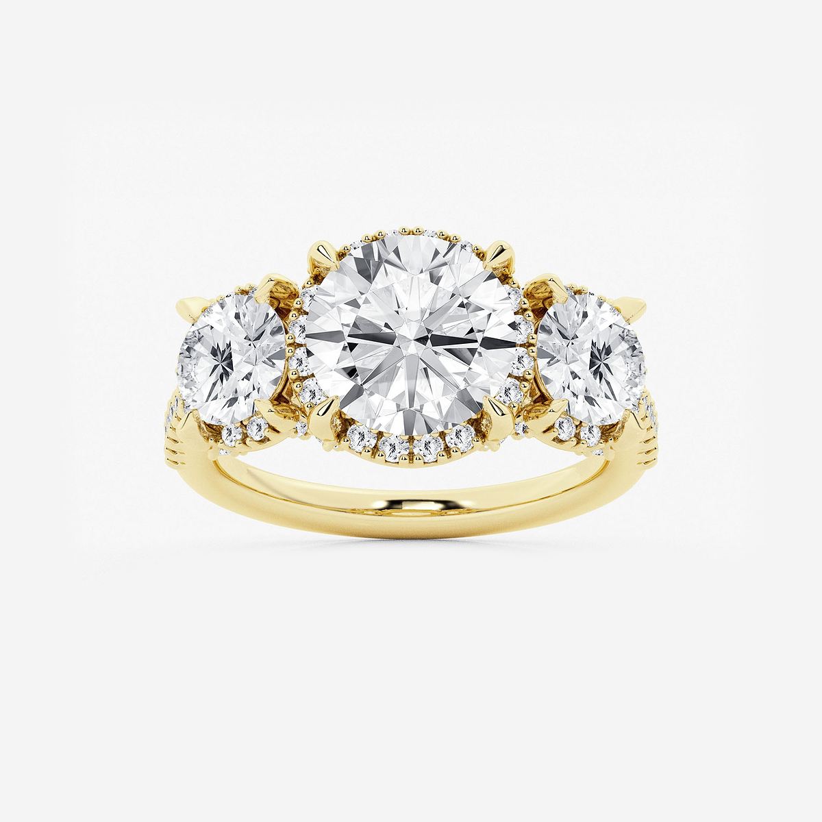 5 1/3 ctw Round Lab Grown Diamond Shadow Halo Three Stone Engagement Ring