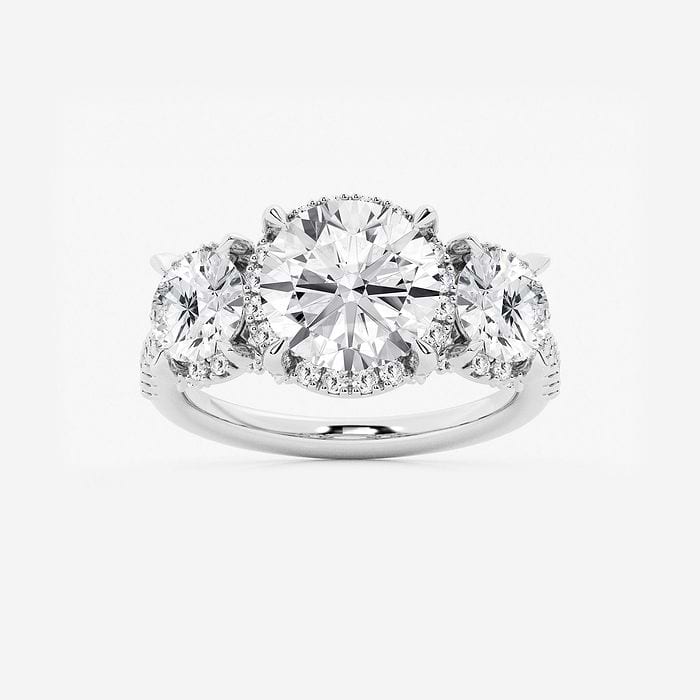 5 1/3 ctw Round Lab Grown Diamond Shadow Halo Three Stone Engagement Ring