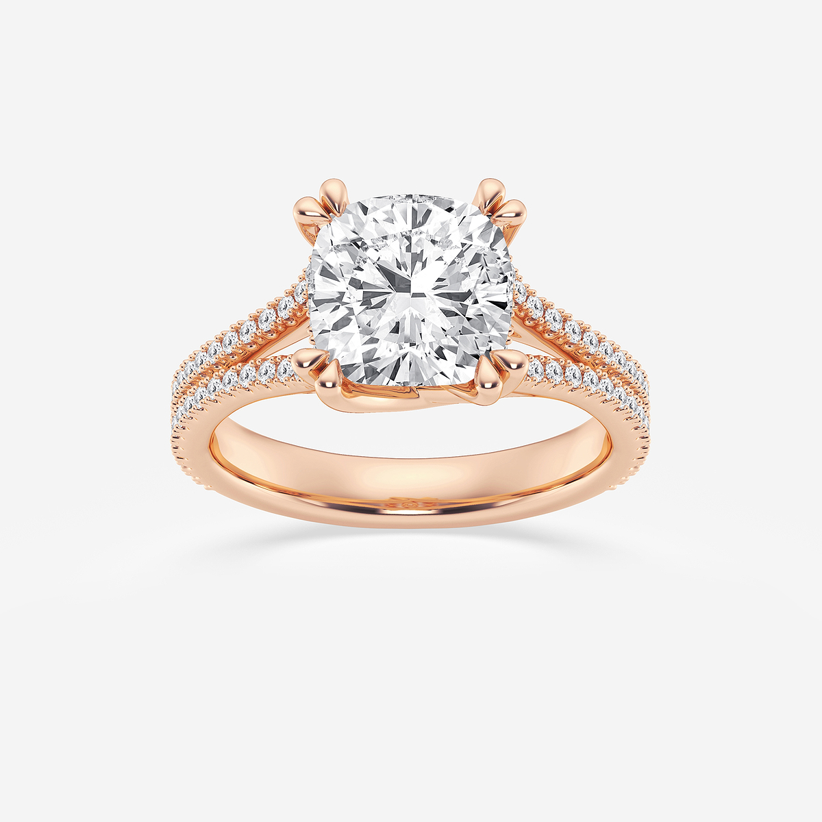 3 1/3 ctw Cushion Lab Grown Diamond Double Heart Shape Prong Split Shank Side Stone Engagement Ring