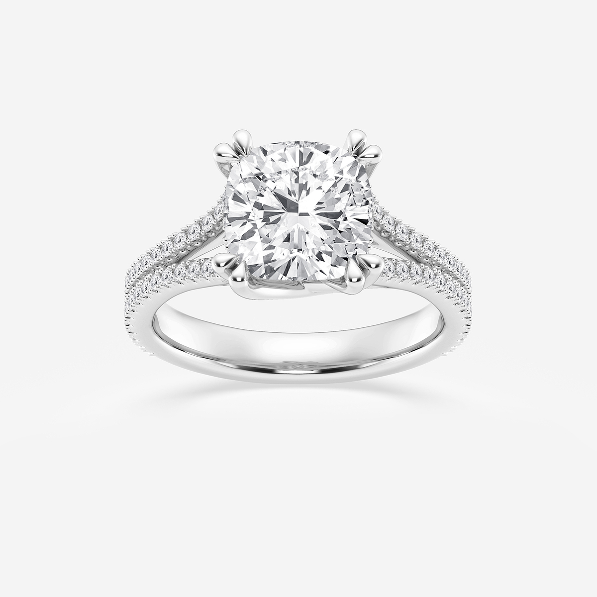 3 1/3 ctw Cushion Lab Grown Diamond Double Heart Shape Prong Split Shank Side Stone Engagement Ring