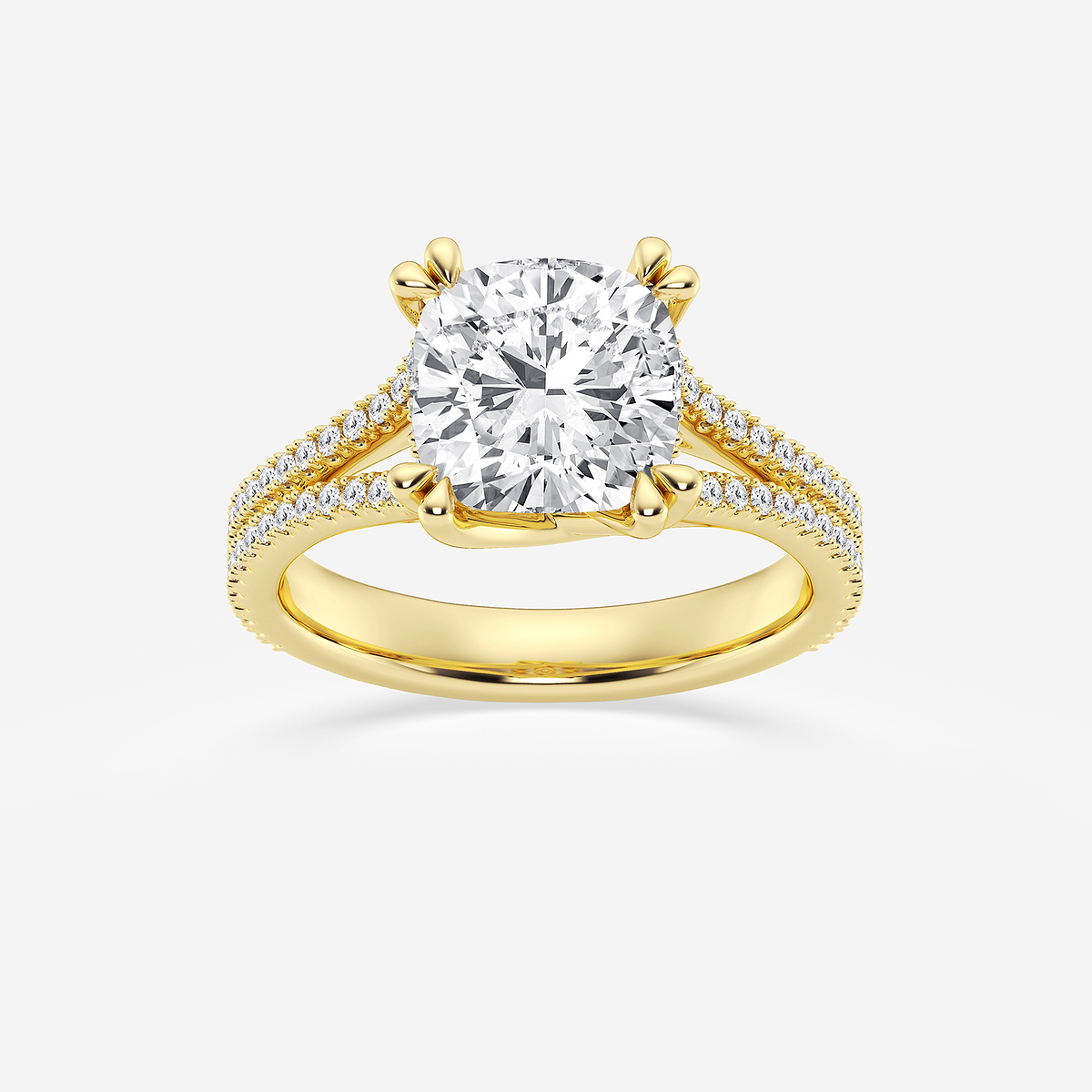3 1/3 ctw Cushion Lab Grown Diamond Double Heart Shape Prong Split Shank Side Stone Engagement Ring