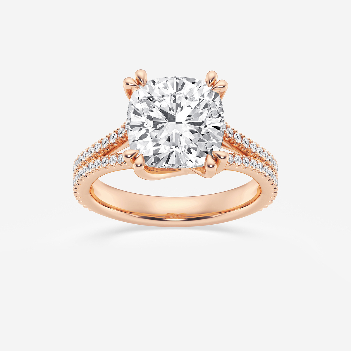 4 1/3 ctw Cushion Lab Grown Diamond Double Heart Shape Prong Split Shank Side Stone Engagement Ring